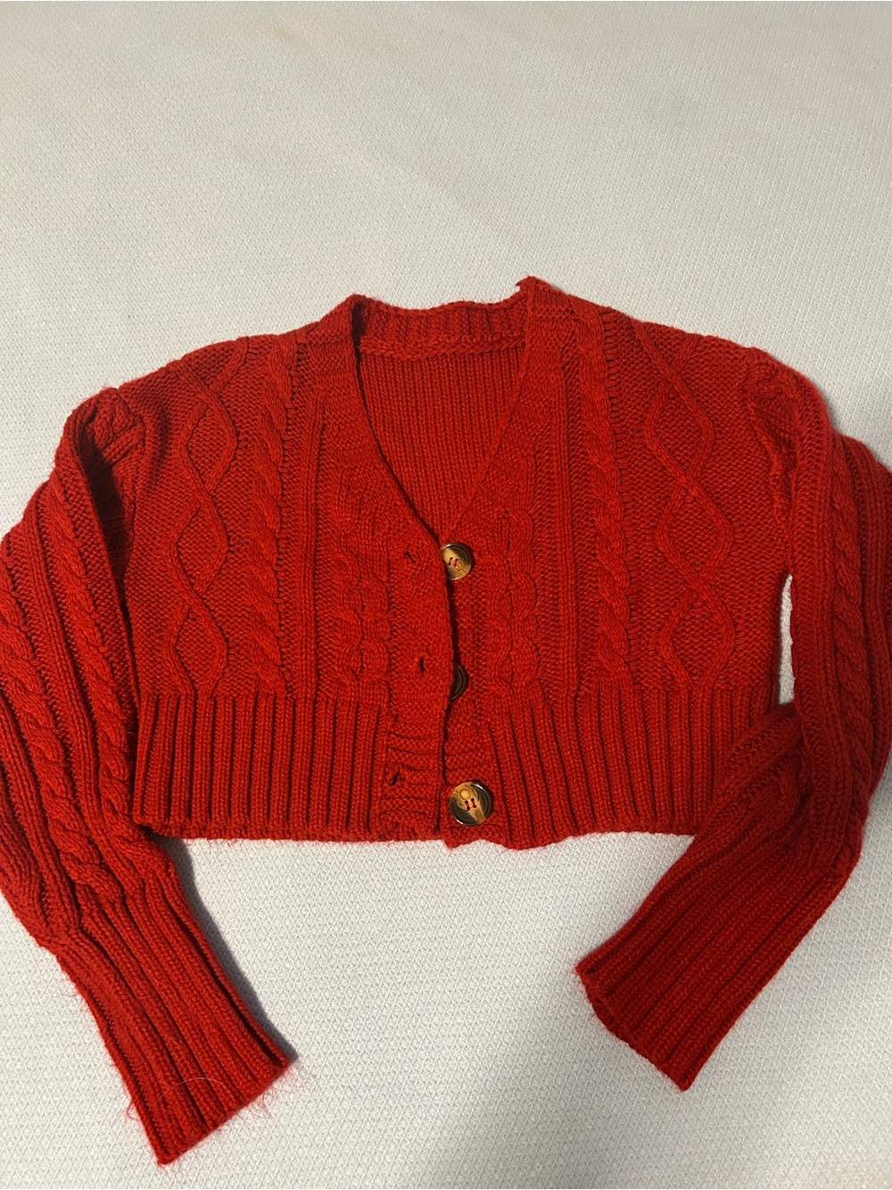 SHEIN Red Cable-Knit Cropped Cardigan with 3 Buttons